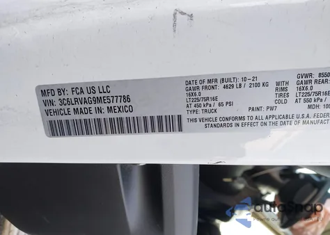 2021 Ram Promaster 1500 Low Roof 136 Wb from USA, damaged, VIN 3C6LRVAG9ME577786